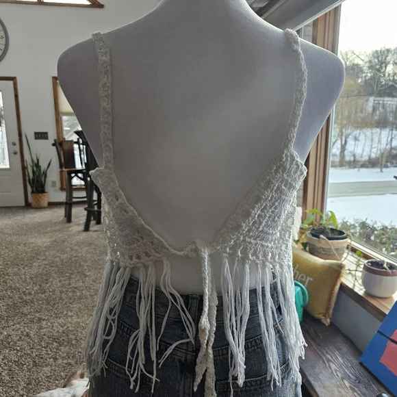 White Festival Boho Open Crochet Sleeveless Tie Back Top Size S - Picture 7 of 7